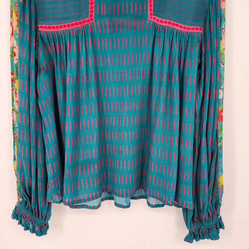 Blank London Teal Pink Boho Cottage Floral Top Women XS Whimsical Eclectic Artsy - Picture 10 of 11